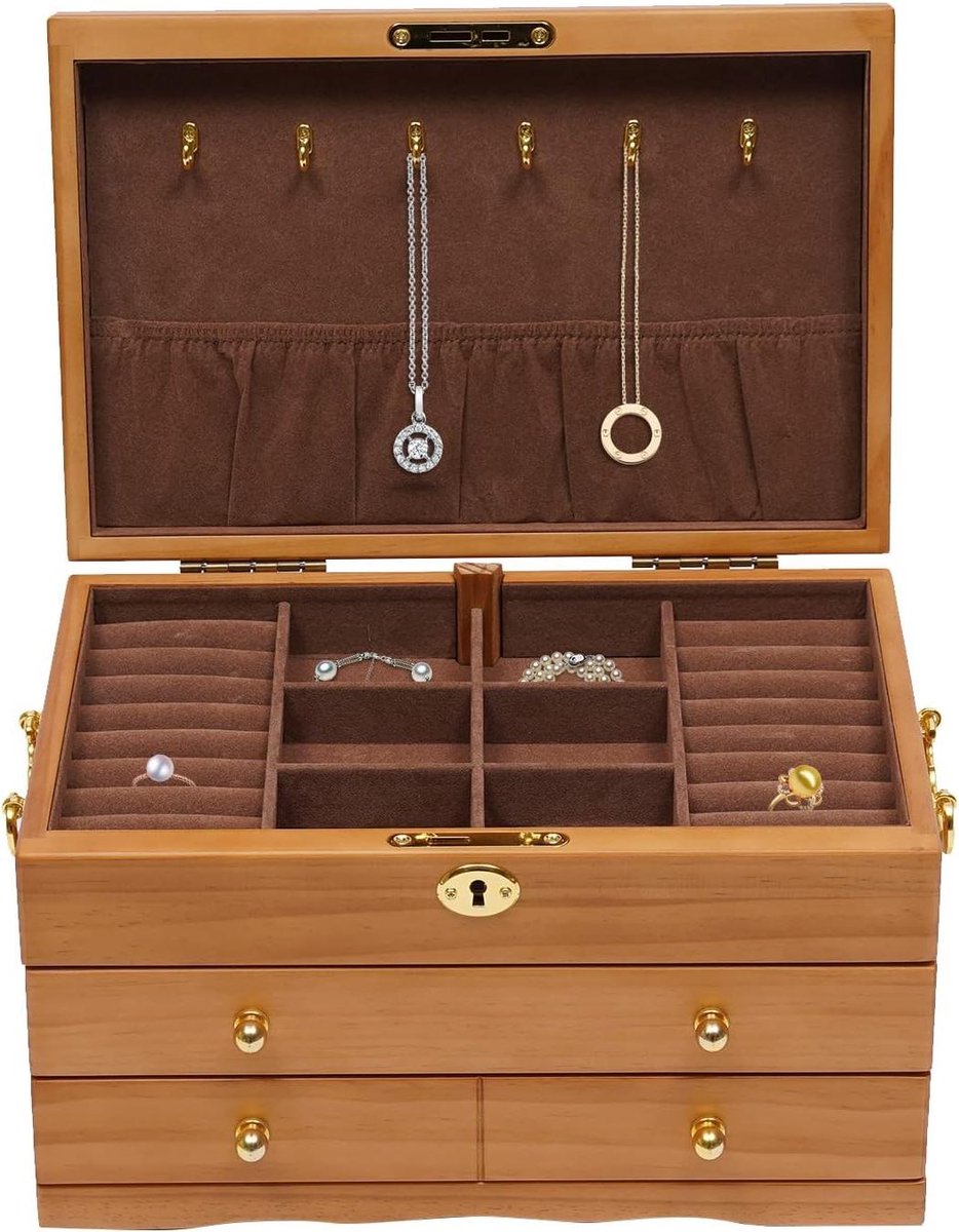Houten Sieradenkist - Juwelendoos Organizer - Sieraden Opbergen - Met Beveiligingsslot - 29 x 19 x 17 cm - Houtkleur