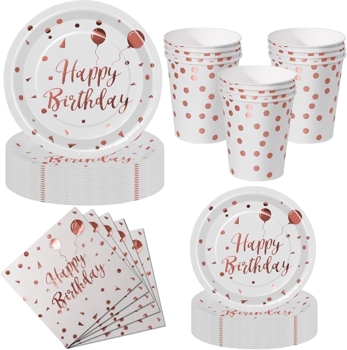 Feest Servies voor Kinderfeestjes, 50-Delige Roségouden Verjaardagsservies Set van Karton - met Wegwerp Kartonnen Borden, Servetten en Bekers - Wegwerpservies voor VerjaardagsRoségouden Bordjes