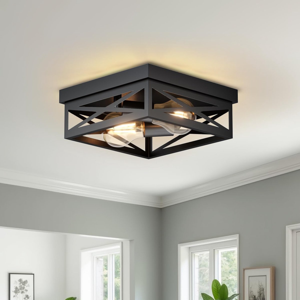 Plafondspots, moderne industriële plafondlampen met 2 lampen E27 vierkante fitting, indoor slaapkamer plafondspots voor woonkamer, bar, keuken (zonder lamp)