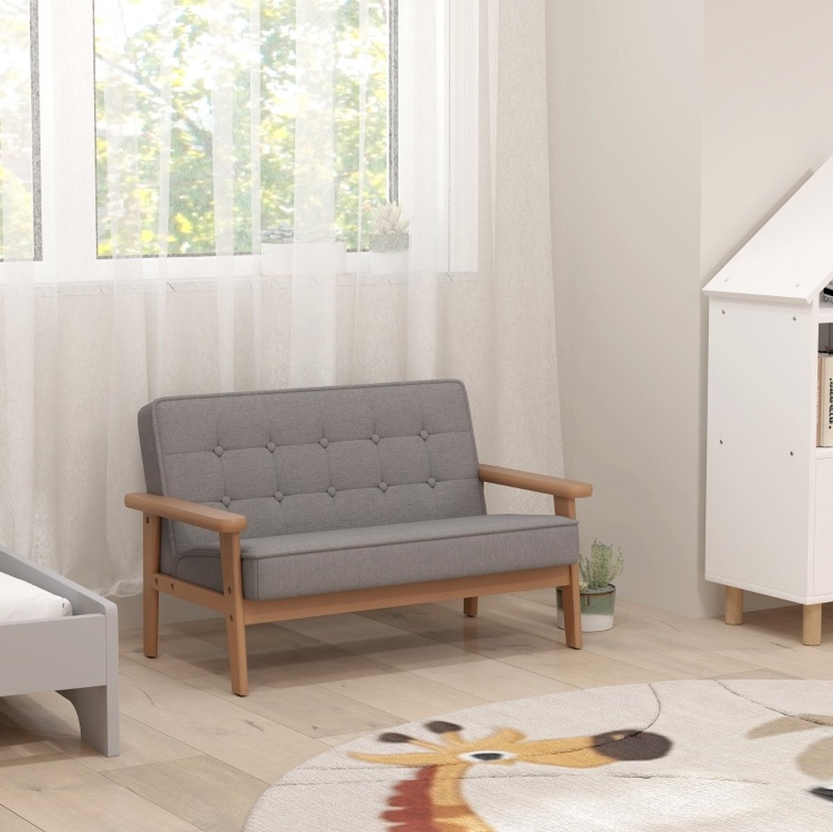 COVREO Kindersofa 77 x 42 x 48 cm grijs, hout en stof met 2 zitplaatsen
