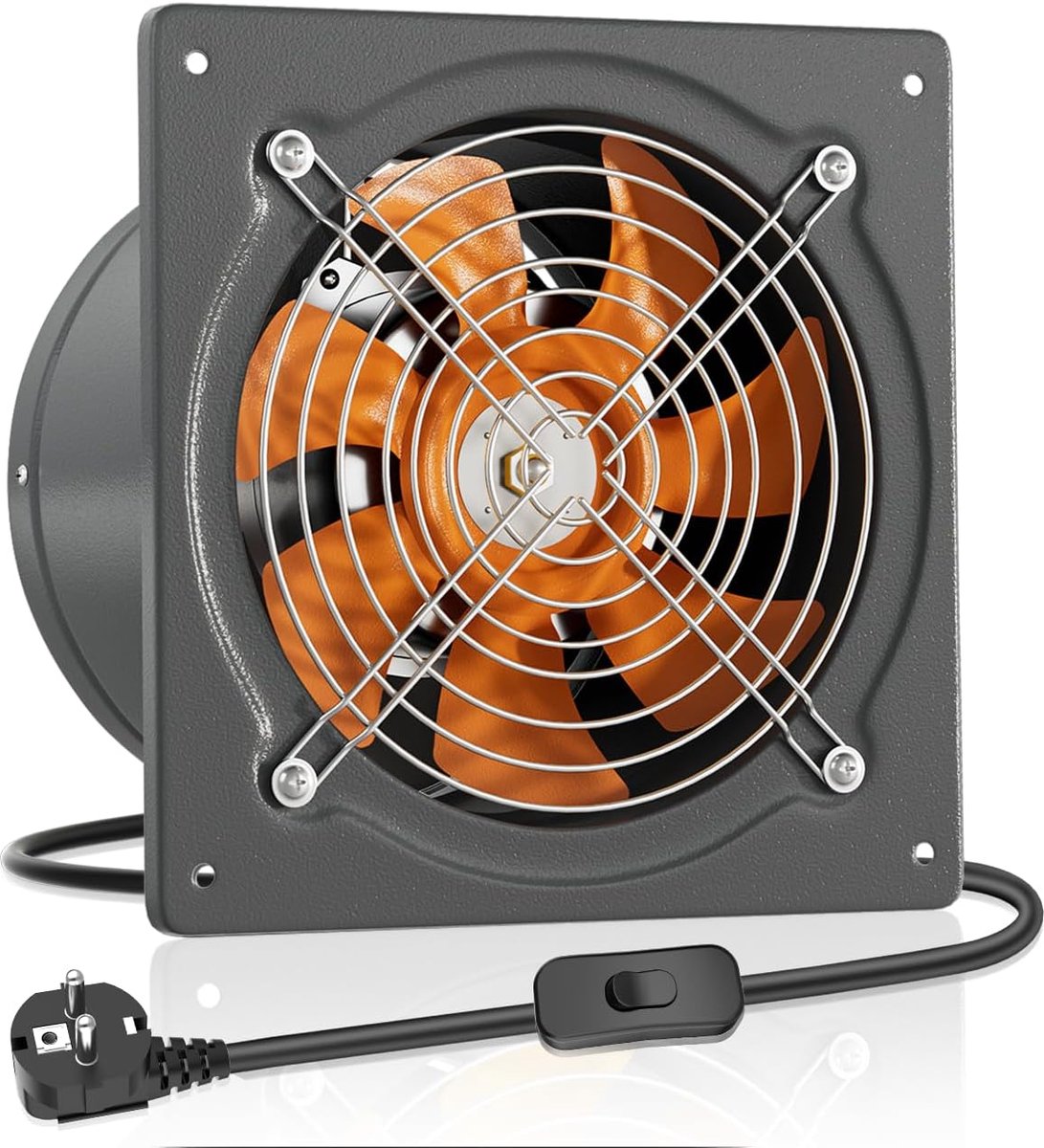 Power Afvoerventilator 200 mm 980 m³/h Badkamerventilator Stil met Terugloopklep Krachtige Wandventilator met EU-stekker voor Keuken, Badkamer, Garage, Kelder, Grijs