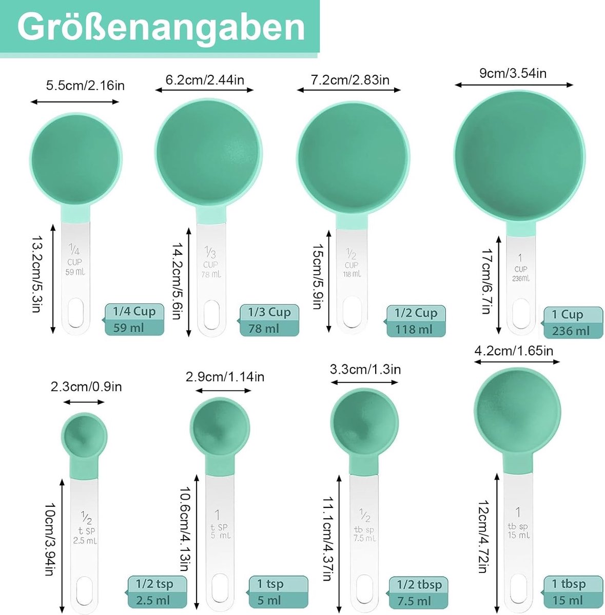 Maatbekers en maatlepels set 8-delig - 4 bekers + 4 lepels - RVS greep - vaatwasserbestendig