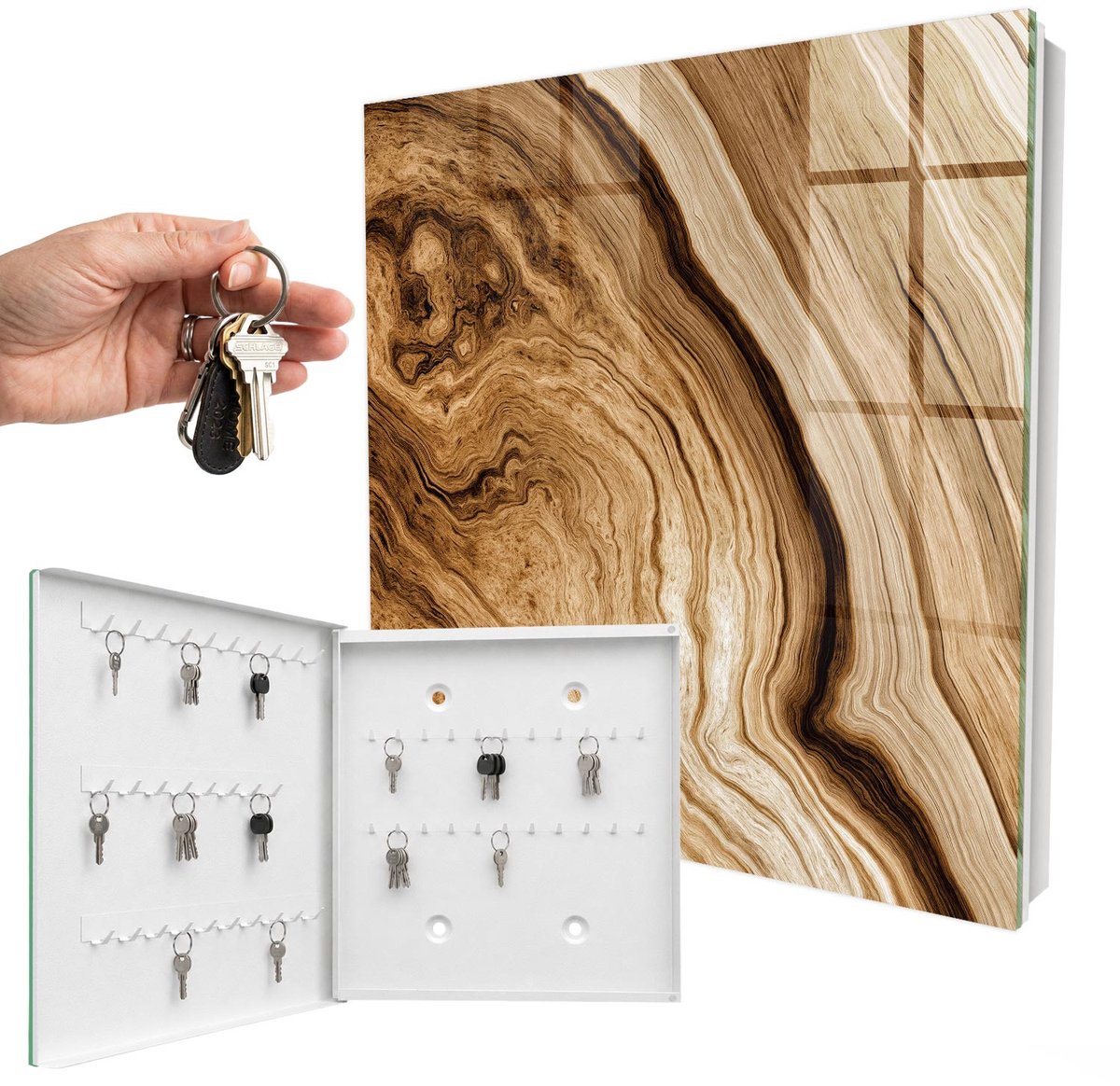 WallMuralia - Sleutelkast - 30x30x5 cm - met 50 haken - Golven Van Hout Sleutelkastje Landelijk - Bruin Sleutelbox - Linksopenend - Wit interieur