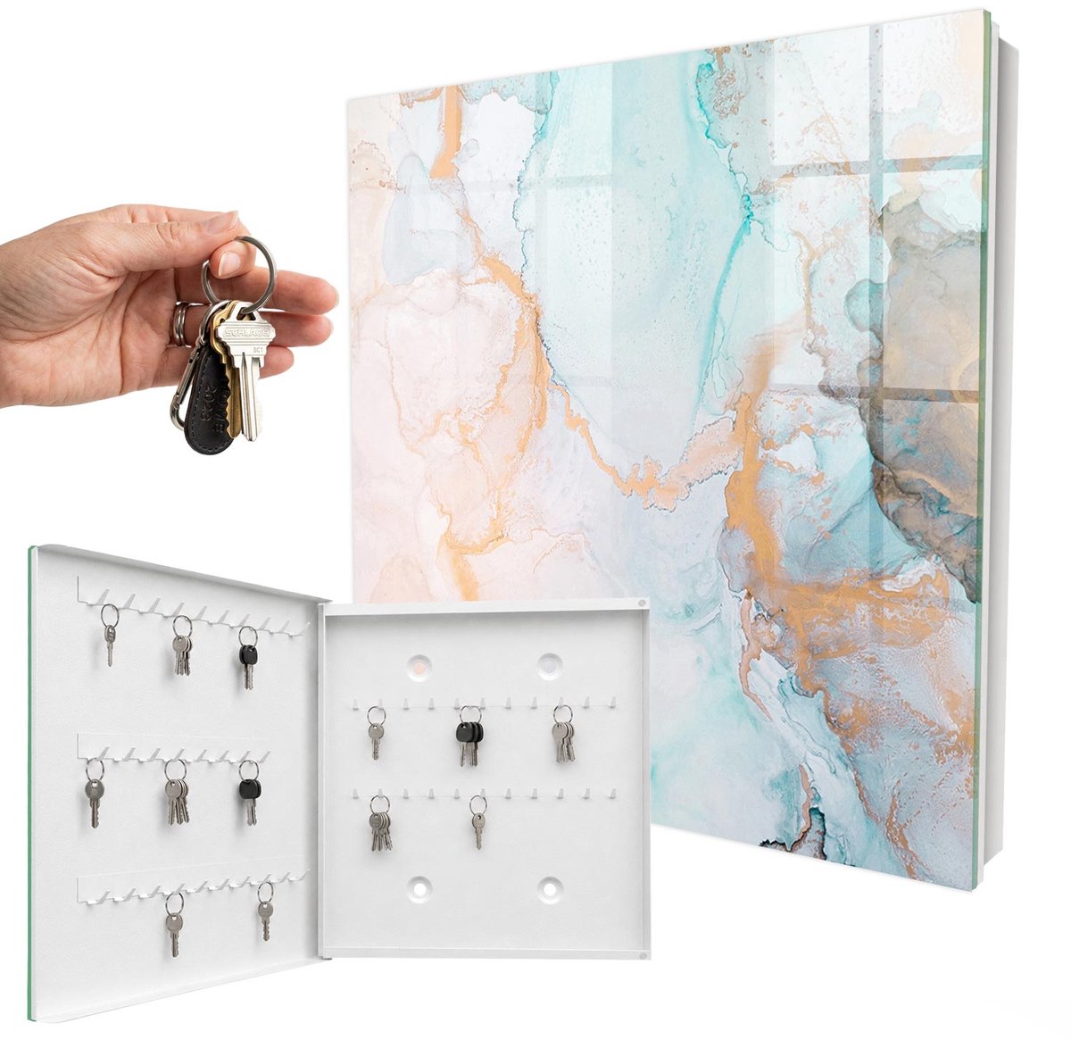 WallMuralia - Sleutelkast - 30x30x5 cm - met 50 haken - Kleurrijk Marmer Groot Sleutelkastje - Blauw Sleutelbox - Linksopenend - Wit interieur