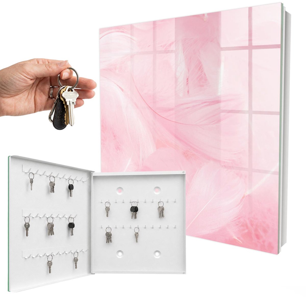 WallMuralia - Sleutelkast - 30x30x5 cm - met 50 haken - Roze Veren Sleutelkastje Modern - Roze Sleutelbox - Linksopenend - Wit interieur