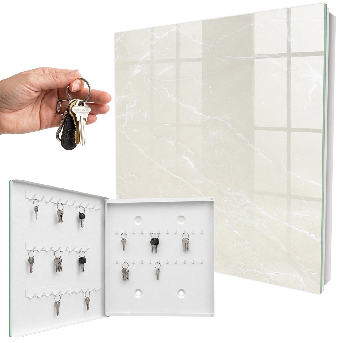 WallMuralia - Sleutelkast - 30x30x5 cm - met 50 haken - Marmeren Elegantie Sleutelkastje Binnen - Beige Sleutelbox - Linksopenend - Wit interieur