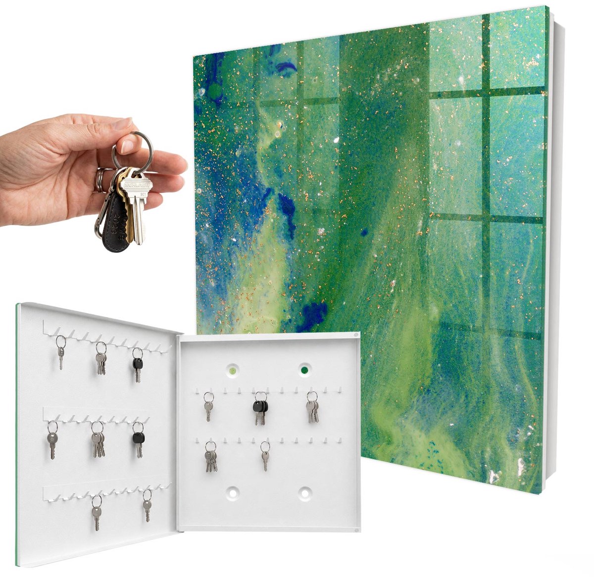 WallMuralia - Sleutelkast - 30x30x5 cm - met 50 haken - Abstracte Natuur Sleutelkastje Industrieel - Groente Sleutelbox - Linksopenend - Wit interieur