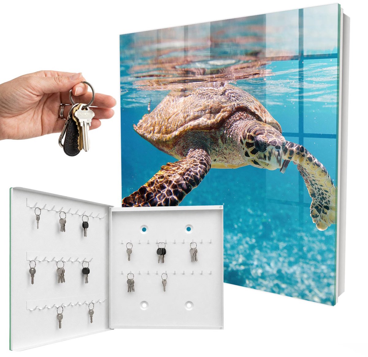 WallMuralia - Sleutelkast - 30x30x5 cm - met 50 haken - Onderwaterwereld Sleutelkastje Hal - Blauw Sleutelbox - Linksopenend - Wit interieur