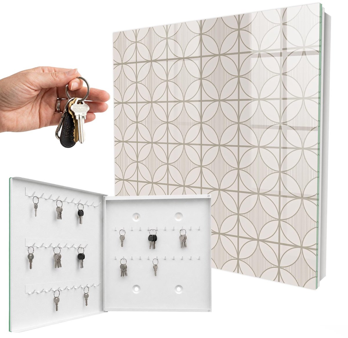 WallMuralia - Sleutelkast - 30x30x5 cm - met 50 haken - Elegante Geometrie Groot Sleutelkastje - Beige Sleutelbox - Linksopenend - Wit interieur