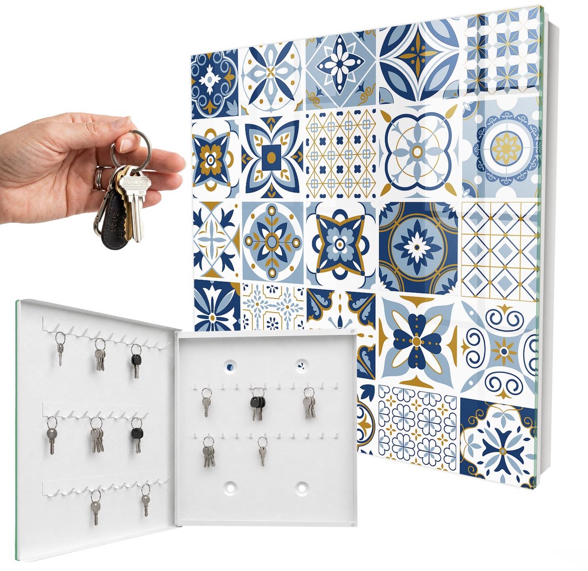 WallMuralia - Sleutelkast - 30x30x5 cm - met 50 haken - Kleurrijke Tegels Groot Sleutelkastje - Blauw Sleutelbox - Linksopenend - Wit interieur