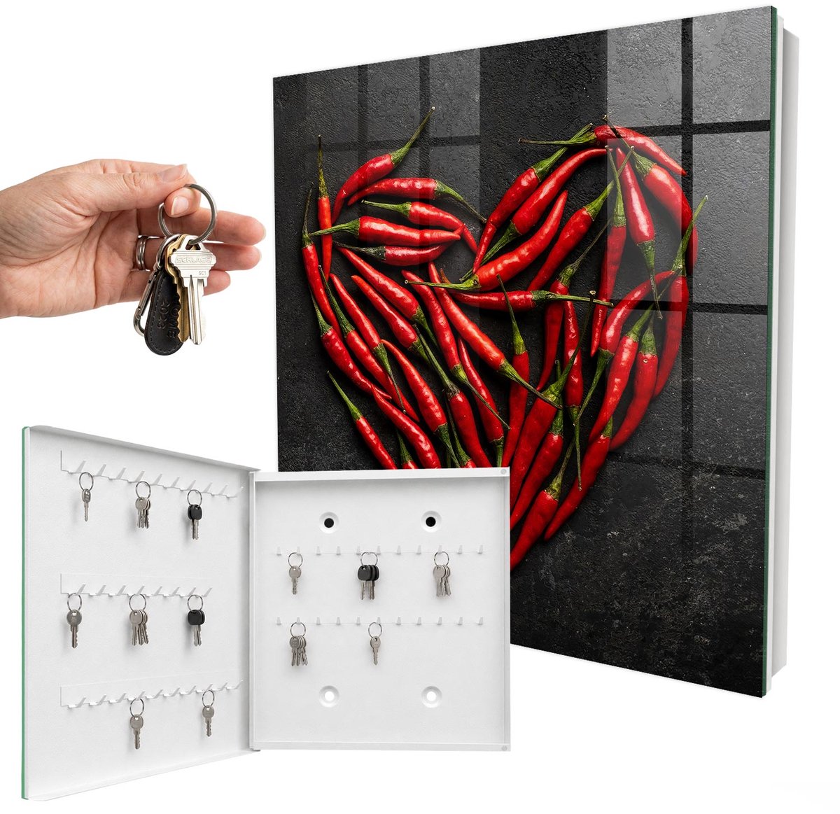 WallMuralia - Sleutelkast - 30x30x5 cm - met 50 haken - Peperhart Sleutelkastje Design - Rood Sleutelbox - Linksopenend - Wit interieur