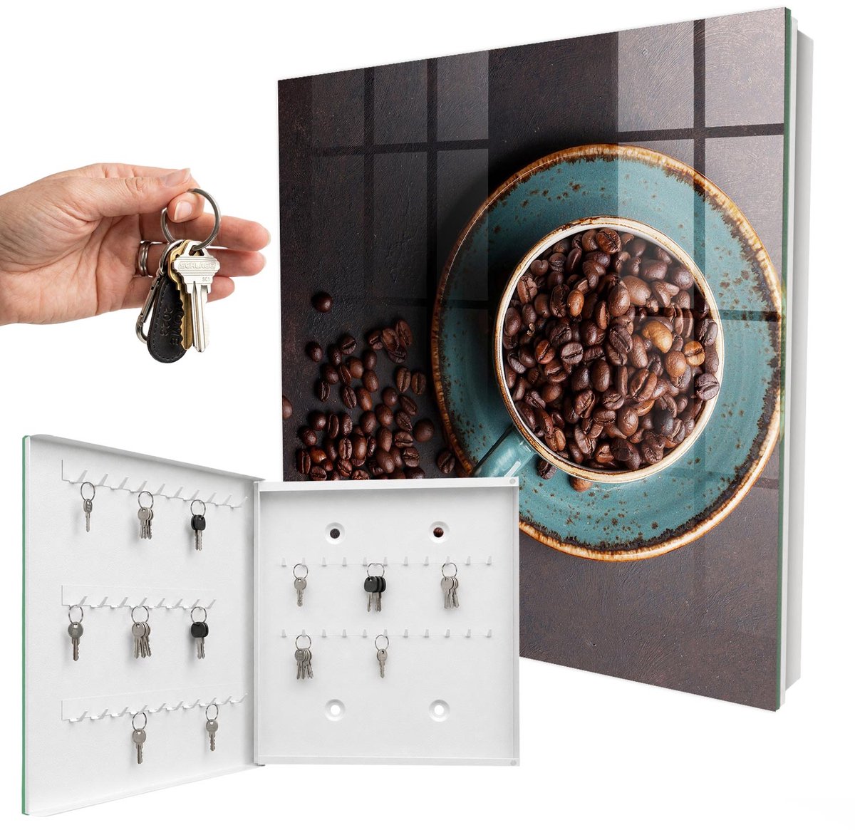 WallMuralia - Sleutelkast - 30x30x5 cm - met 50 haken - Koffiebonen Sleutelkastje Hal - Bruin Sleutelbox - Linksopenend - Wit interieur
