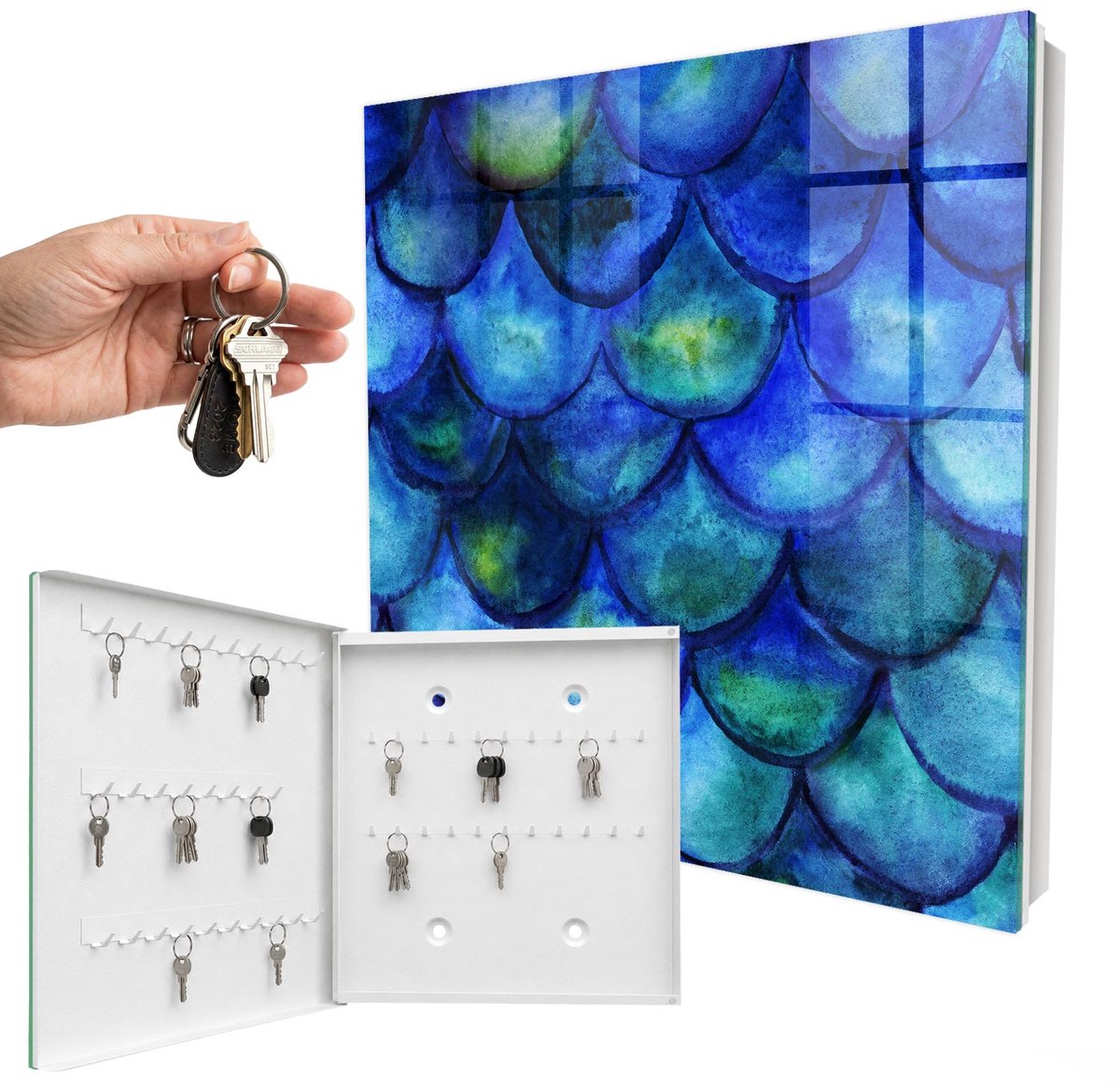 WallMuralia - Sleutelkast - 30x30x5 cm - met 50 haken - Blauwe Schubben Sleutelkastje Hal - Blauw Sleutelbox - Linksopenend - Wit interieur