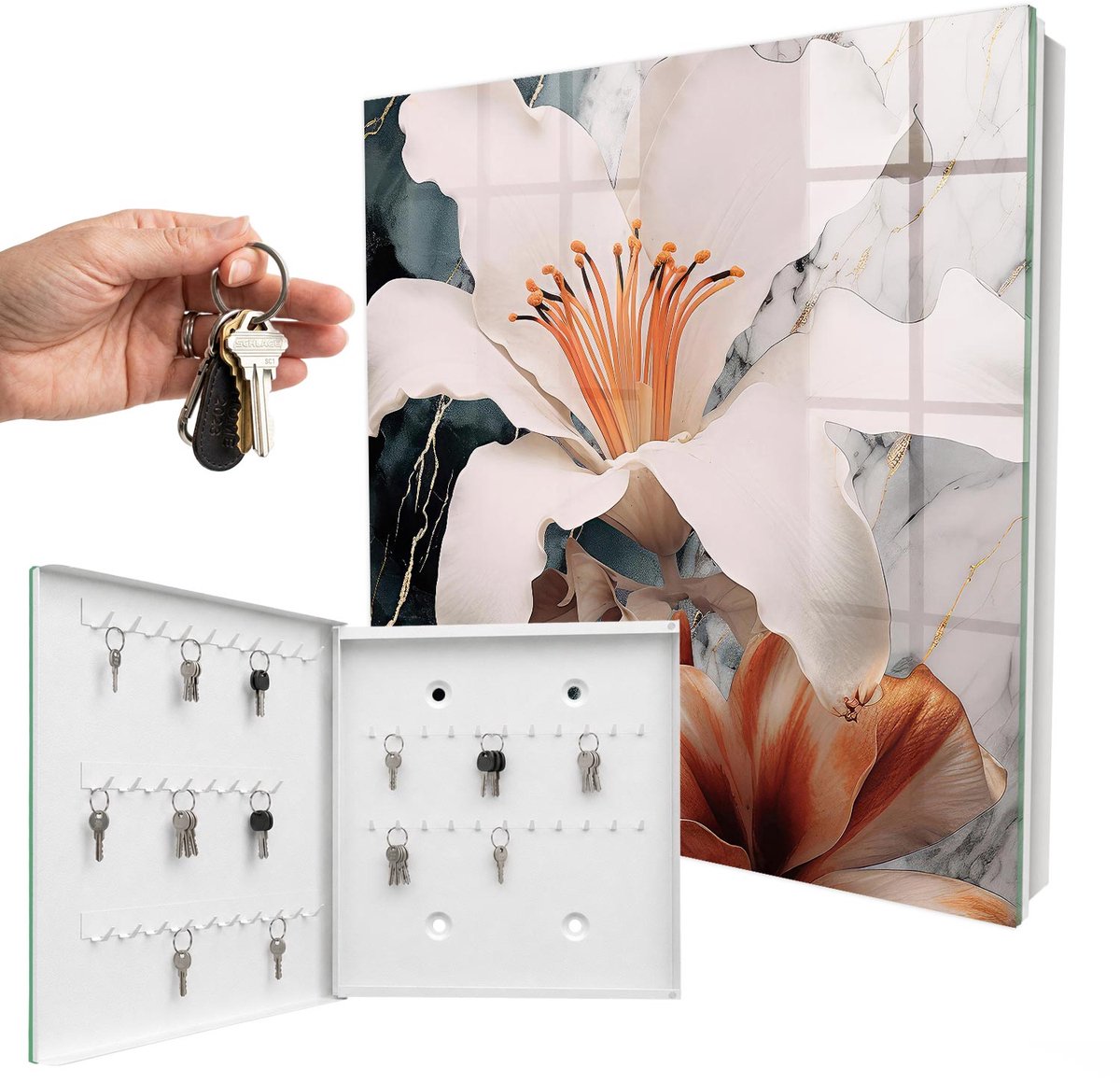 WallMuralia - Sleutelkast - 30x30x5 cm - met 50 haken - Bloemige Elegantie Sleutelkastje Gang - Wit Sleutelbox - Linksopenend - Wit interieur