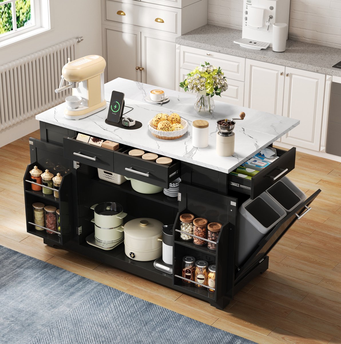 MIVRAY Keukeninsel - Klapbaar Werkblad Met Stille Rollen En EU Stopcontact - Voor Koken En Tafelen - MDF - Zwart - 138 X 86 X 92 Cm