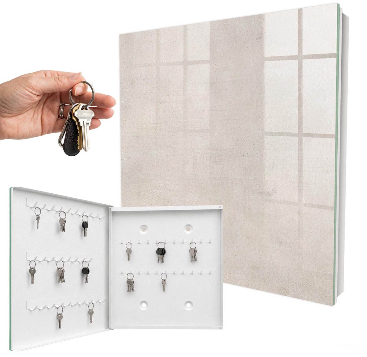 WallMuralia - Sleutelkast - 30x30x5 cm - met 50 haken - Betonstructuur Sleutelkastje Modern - Beige Sleutelbox - Linksopenend - Wit interieur