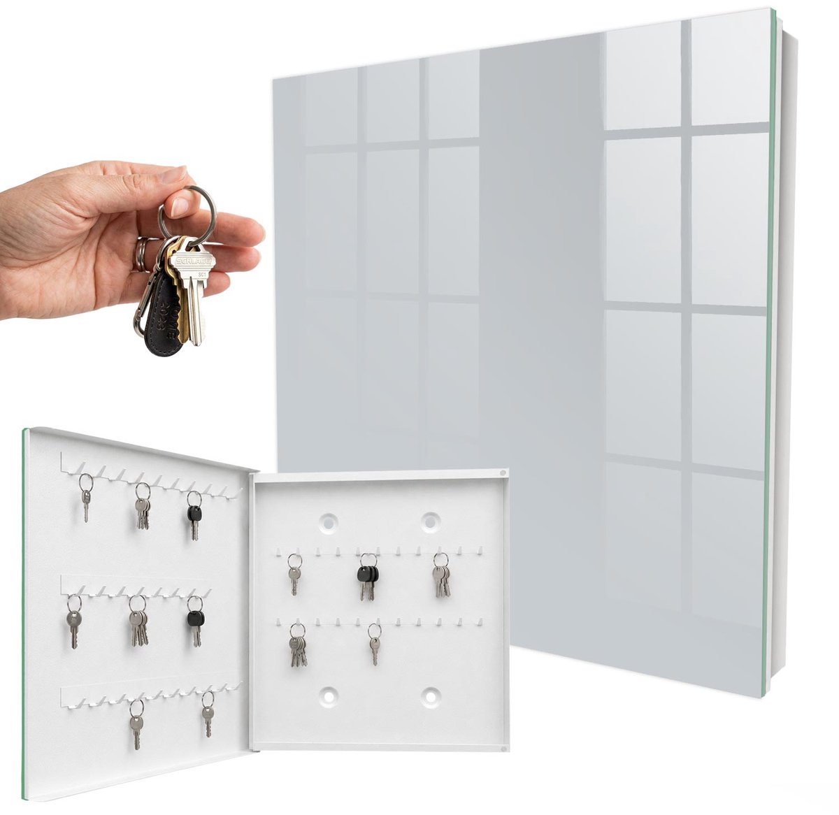 WallMuralia - Sleutelkast - 30x30x5 cm - met 50 haken - Lichtgrijs Sleutelkastje Hal - Grijs Sleutelbox - Linksopenend - Wit interieur