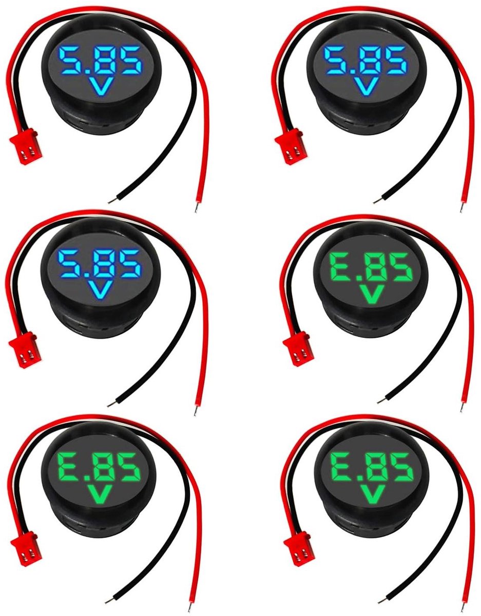 Digitale Voltmeter - Spanningsmeter LED - Voltage Controleren - Omgekeerde Polariteit Bescherming - 6 Stuks - Blauw Groen