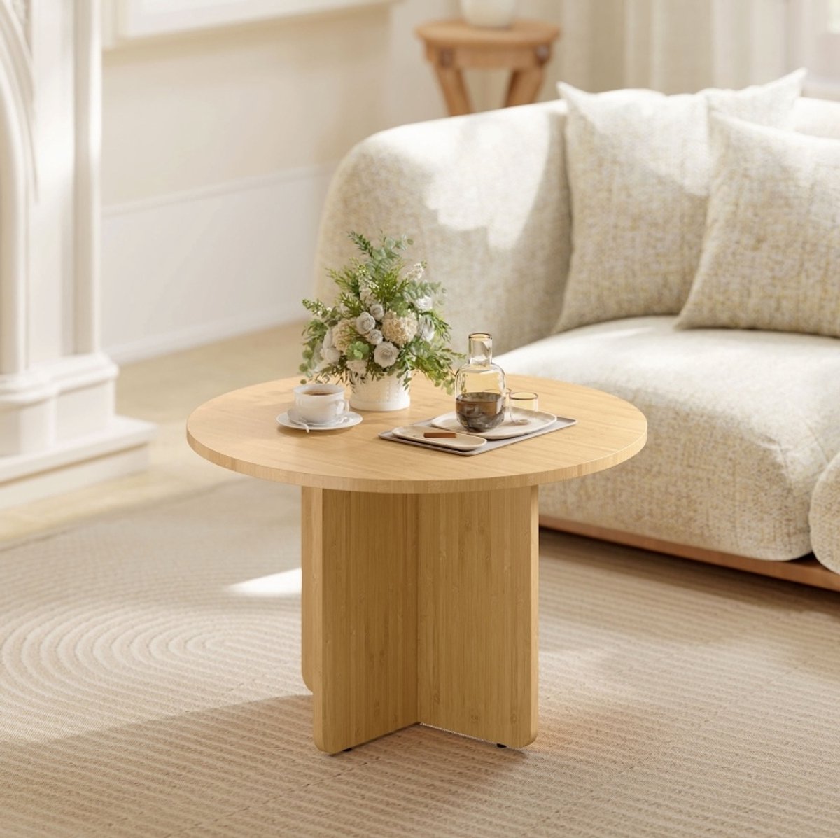 COVREO Salontafel 66 x 66 x 45 cm naturel, bamboe met X-poot en lakafwerking Natural Wood