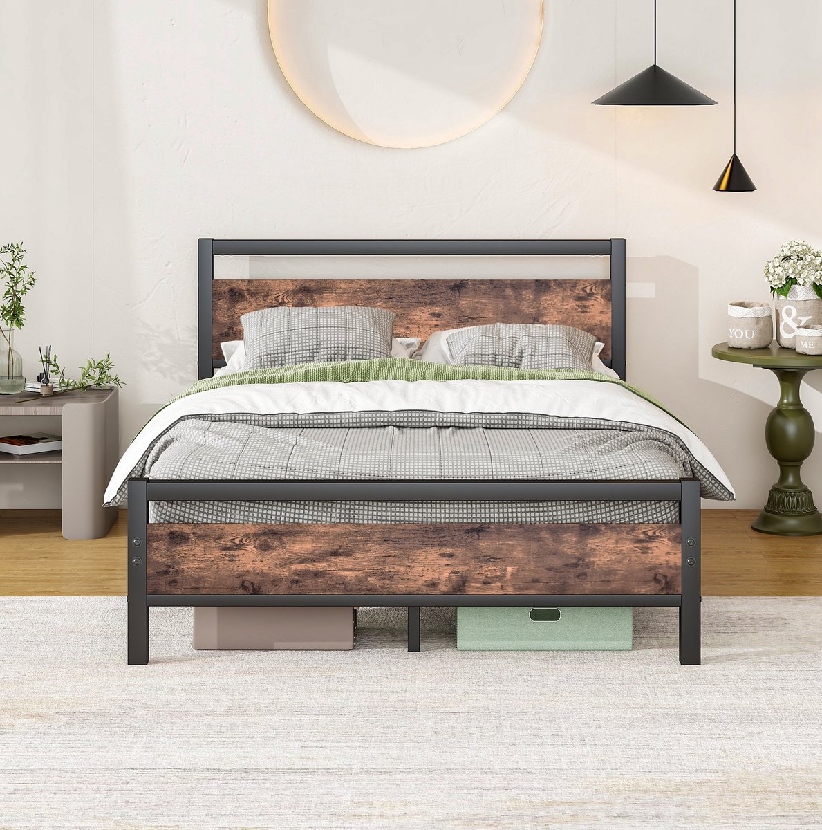 FloraGrace Bedframe 140x190 cm - Stevig Met Lattenbodem En Opbergruimte - Industrieel Design - Antiekbruin Zwart - Zonder Matras