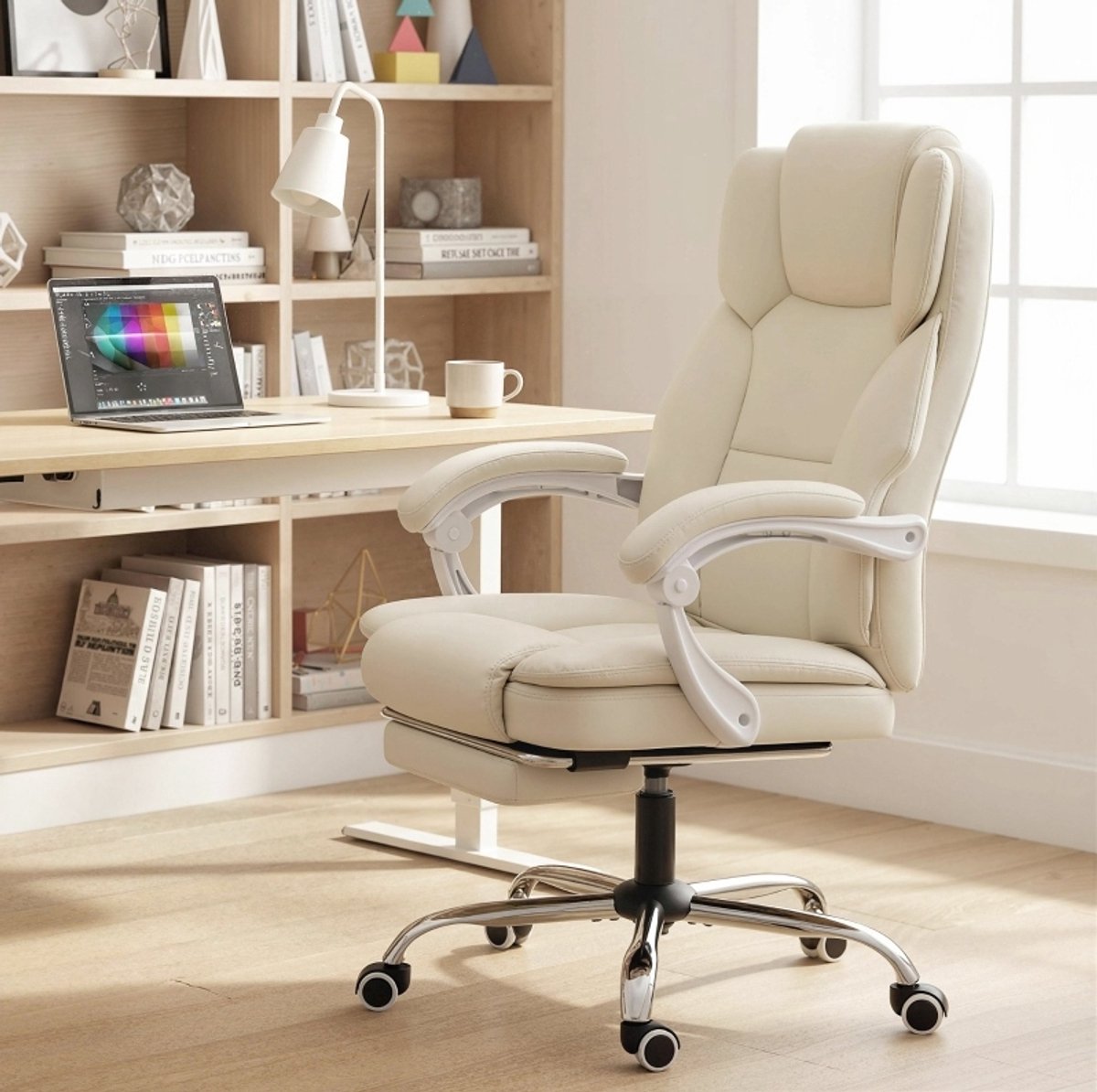 COVREO Bureaustoel 64x73x120 cm beige, kunstleer hoogteverstelbaar met voetsteun