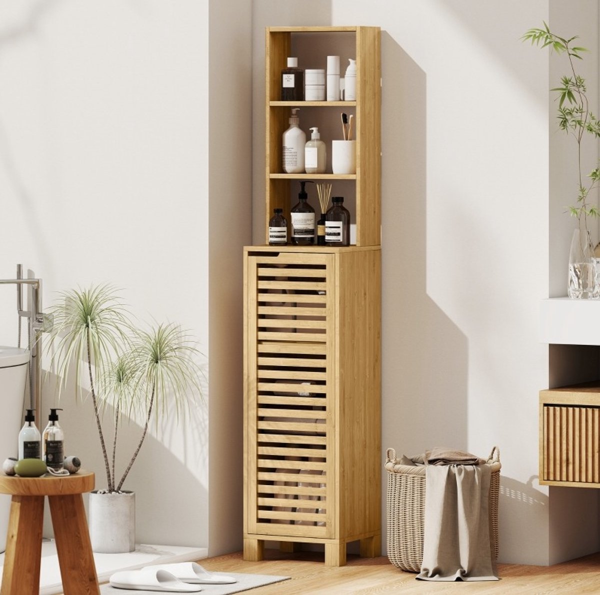 COVREO Badkamerkast 34 x 30 x 170 cm, naturel, bamboe, 3 open vakken