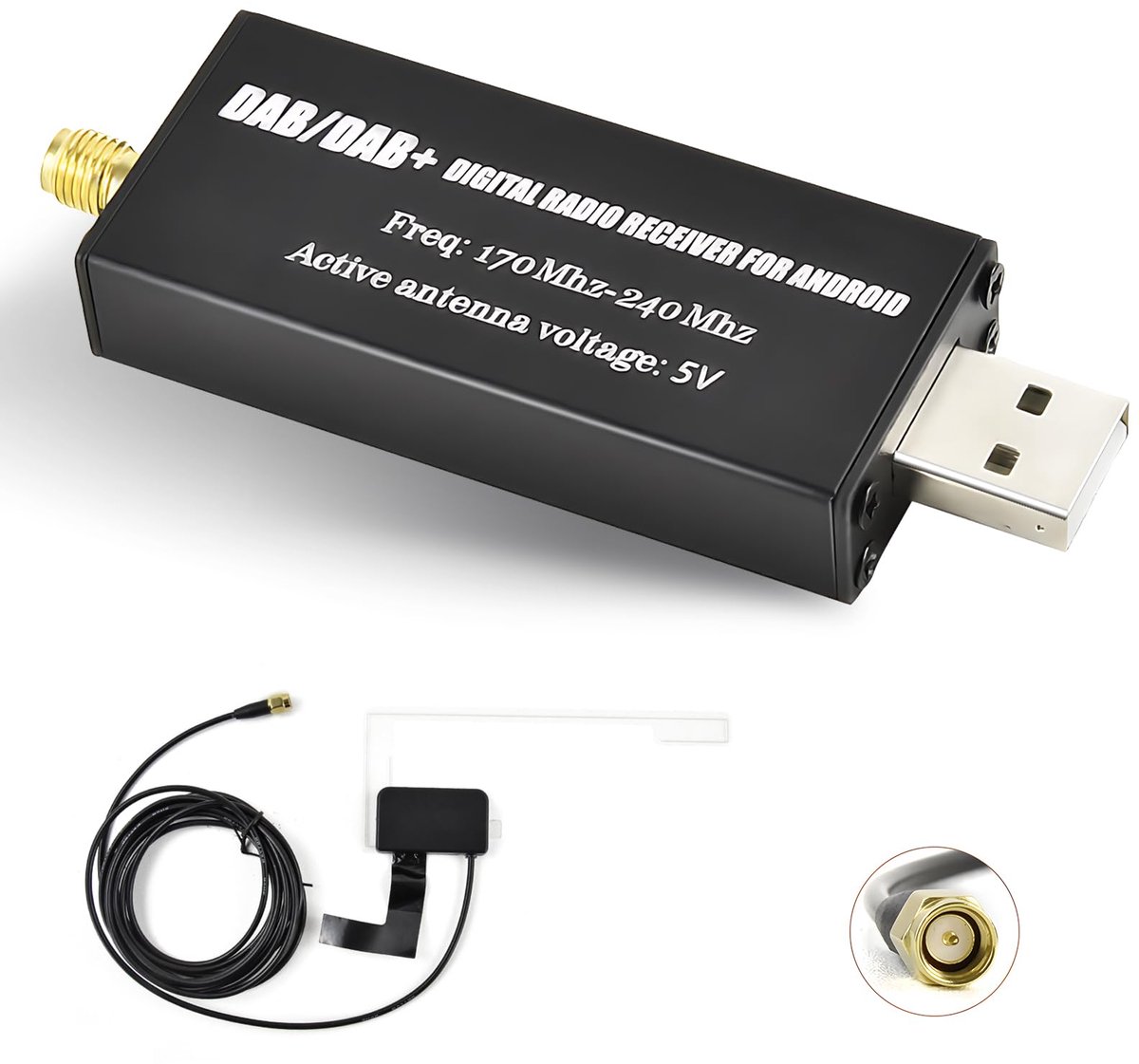 SnelShoppen - Digitale radio-ontvangeradapter DAB+ radio-tuner met antenne en SMA glazen antenne set + USB 2.0 voor universele DAB module voor Android