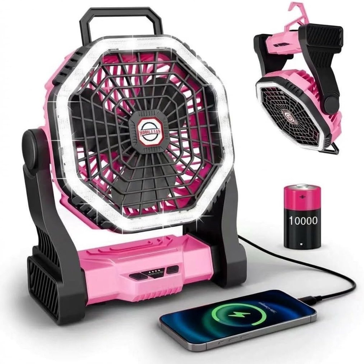 Draagbare Campeerventilator - Roze - LED-verlichting - 10000 mAh Batterij - Voor Kamperen & Kantoor