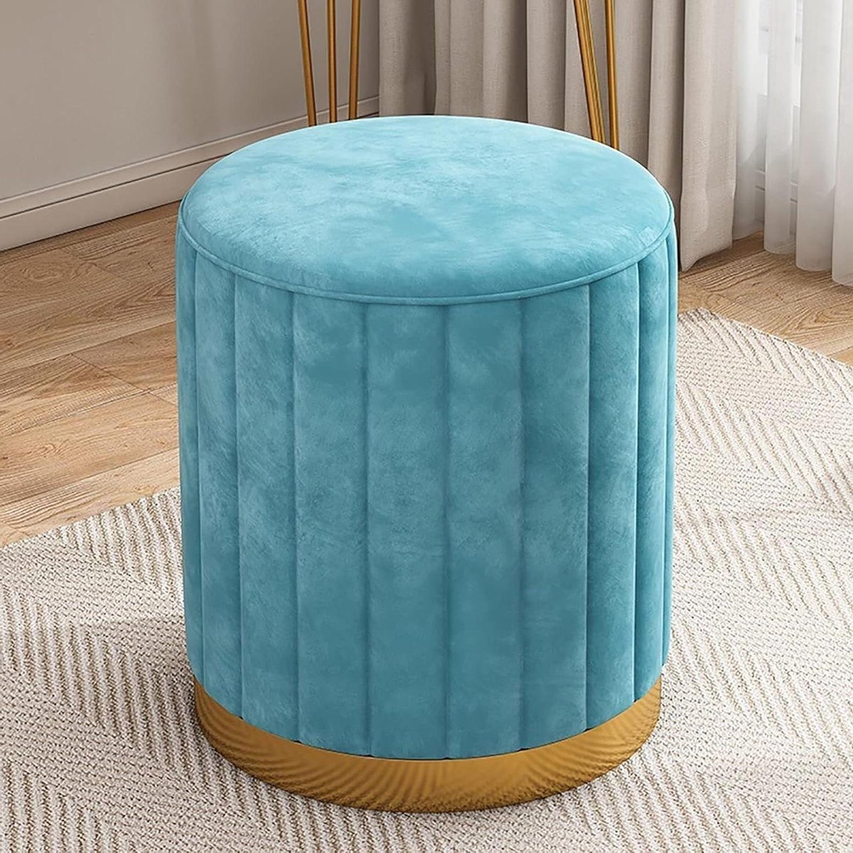 Fluwelen Voetensteun Kruk - Gestoffeerde Poef - Ontspannen Zitten - Massief Houten Frame - 34x34x44 cm - Blauw