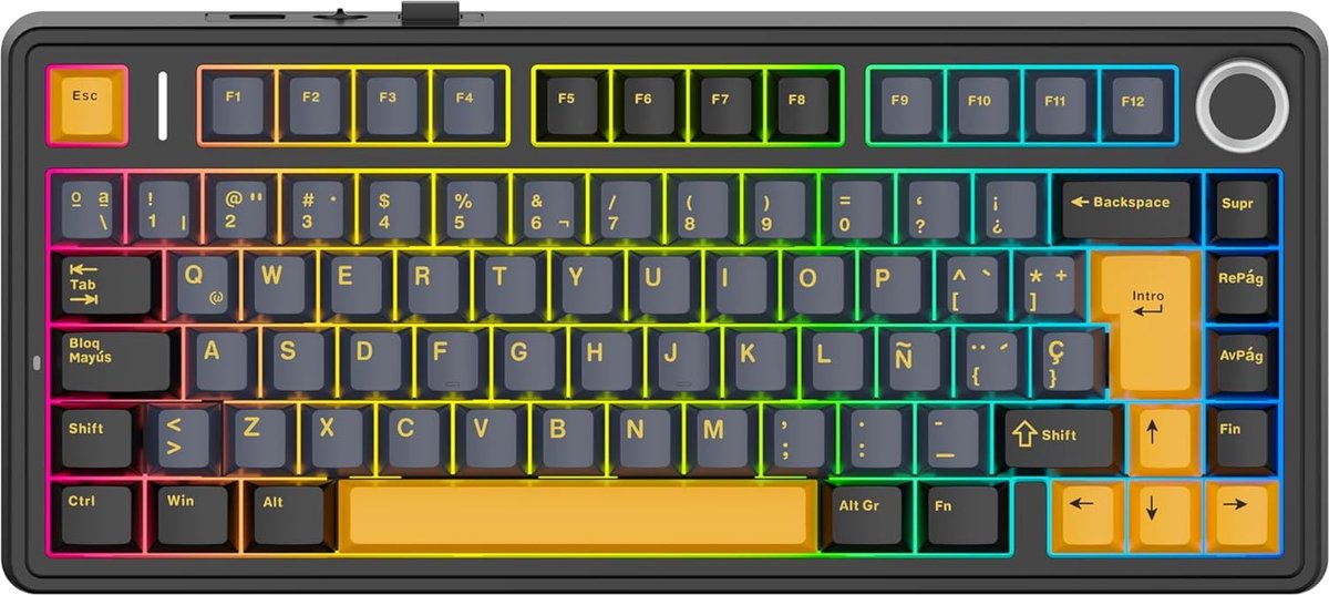 SnelShoppen - MechLands Aula F75 75% Mechanisch Gaming Toetsenbord, Spaans QWERTY Toetsenbord, RGB Achtergrondverlichting, BT5.0/USB-C/2.4GHz, Met Rot