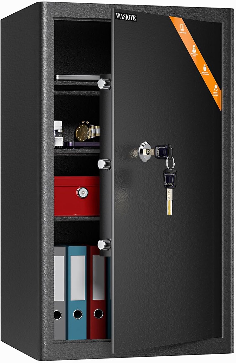 SnelShoppen - WASJOYE Safe Lock Box met sleutels, hoge veiligheid kluis, 67L stalen slot kluizen voor thuis/kantoor, kastsleutels kluis voor geld, con