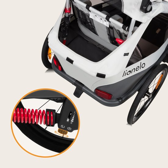 Lionelo Cama Fietskar 2in1 - Fiets aanhanger + Kinderwagen voor 2 Kinderen - 360° Voorwiel - 60L Bagageruimte - Full Vering - 5-Punts Gordels - Grote Luchtbanden - UPF50+ & Waterafstotend - Kinderfietskar & Buggy Inklapbaar - Wandelwagen - Tot 2x22kg — afbeelding 3
