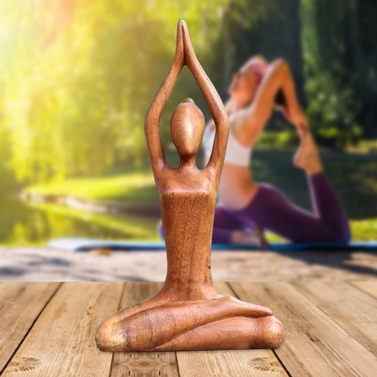 Yoga Beeld - Yogabeeldje Meisje - Meditatie Decoratie - Handgemaakt Hout - 18 cm - Bruin — afbeelding 3