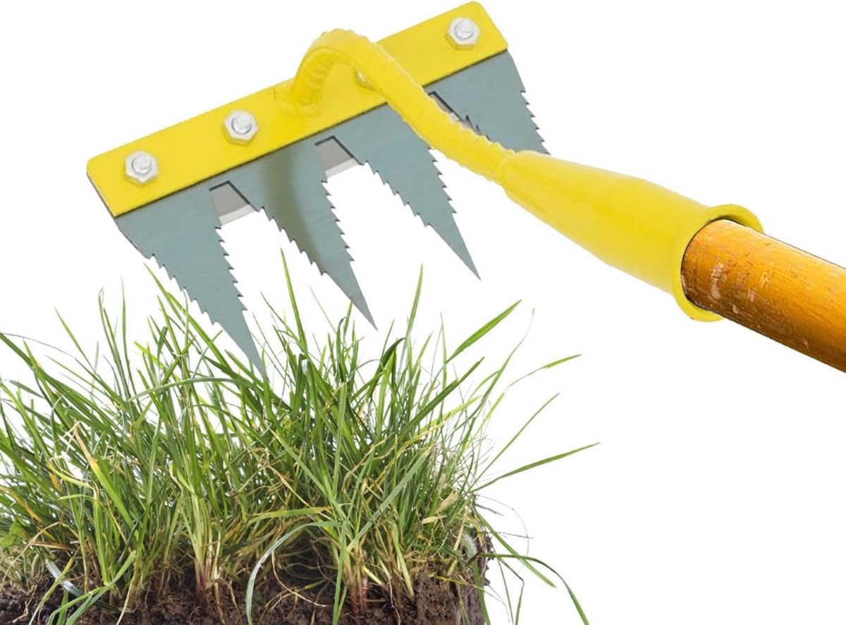 Grashark - Onkruidsteker Tuingereedschap - Bodem Losmaken - Ergonomische S-vorm - 4 Tanden - Geel