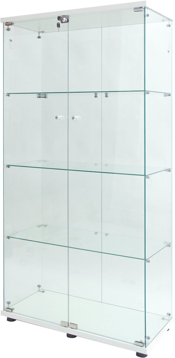 Glazen vitrinekast met LED-verlichting – Vitrinekast met 2 deuren en slot – 4 planken display kast van gehard glas – wit vitrinekast voor woonkamer en kantoor