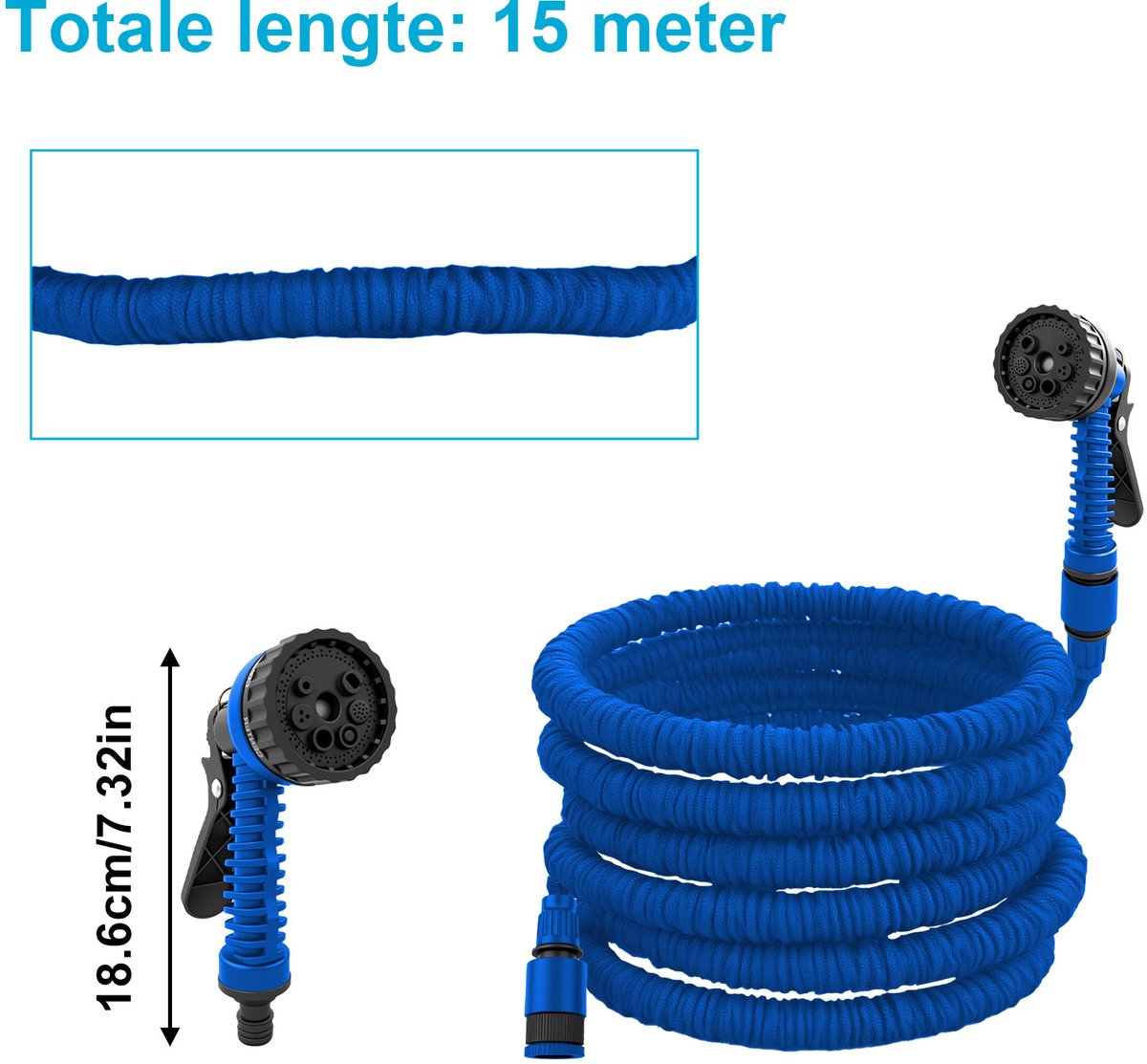 Uitschuifbare Tuinslang / Flexibele Slang – 15 meter (50FT) – Blauw – 0,4 MPa werkdruk – Licht, duurzaam & knoopvrij – Voor tuin, auto, terras & planten – Incl. handleiding thumbnail 2
