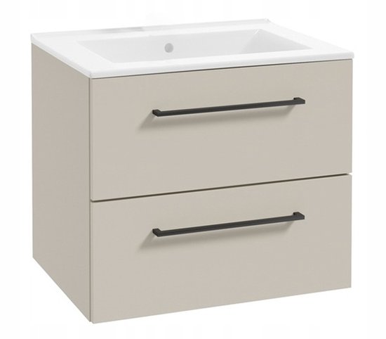 Meuble de salle de bain couleur sable avec deux tiroirs à poignées noires et un plateau d'évier blanc.