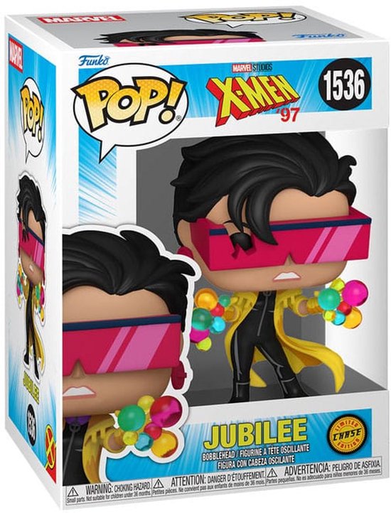 Funko Pop van Jubilee, nummer 1536, in X-Men '97 verpakking. Ze draagt een zwart pak, gele jas, roze bril en houdt bellen vast.