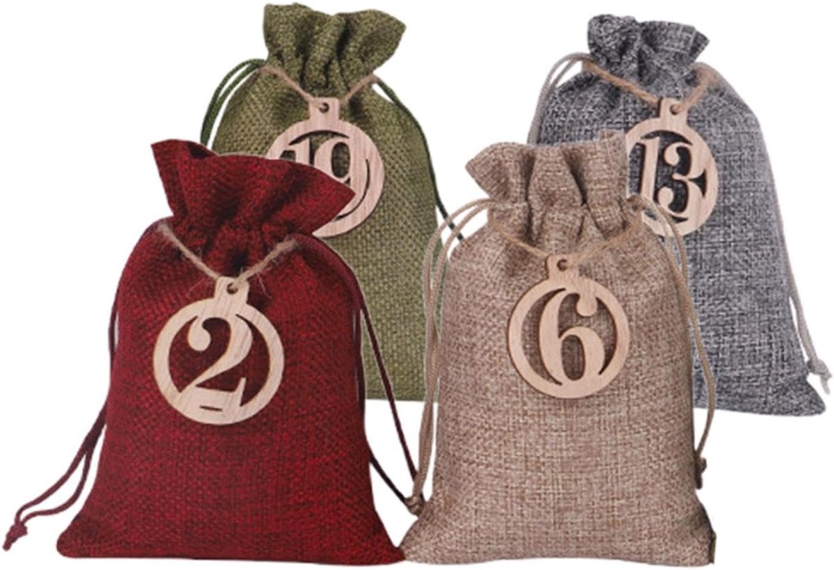 Kerst Tassen - Jute Zakjes - Adventskalender Maken - Compleet met Clips - 24 stuks - Meerkleurig