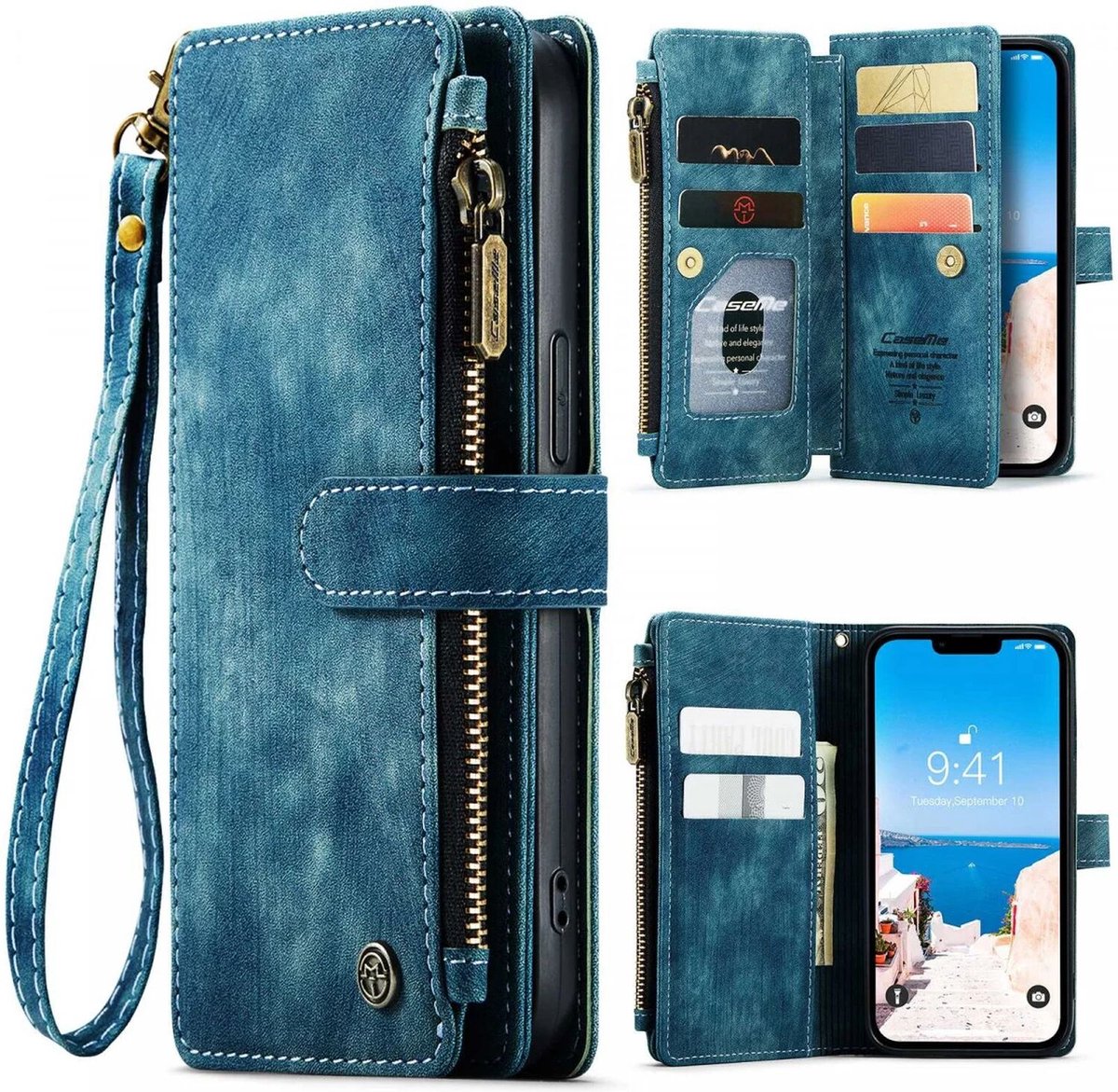 CaseMe C30 Hoesje Geschikt voor Apple iPhone 15 | Wallet Zipper Book Case met Pasjeshouder | Beschermhoes met Portemonnee | Blauw