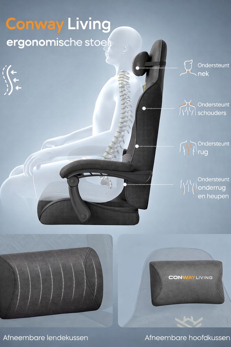 Conway Living® | Bureaustoel Ergonomisch met Verstelbare | Gaming Stoel | Rugleuning 90–135° | Kunstleer | Hoofd- & Lendekussen | Uitschuifbare Voetensteun | Ademend PU | Zwart – foto 3