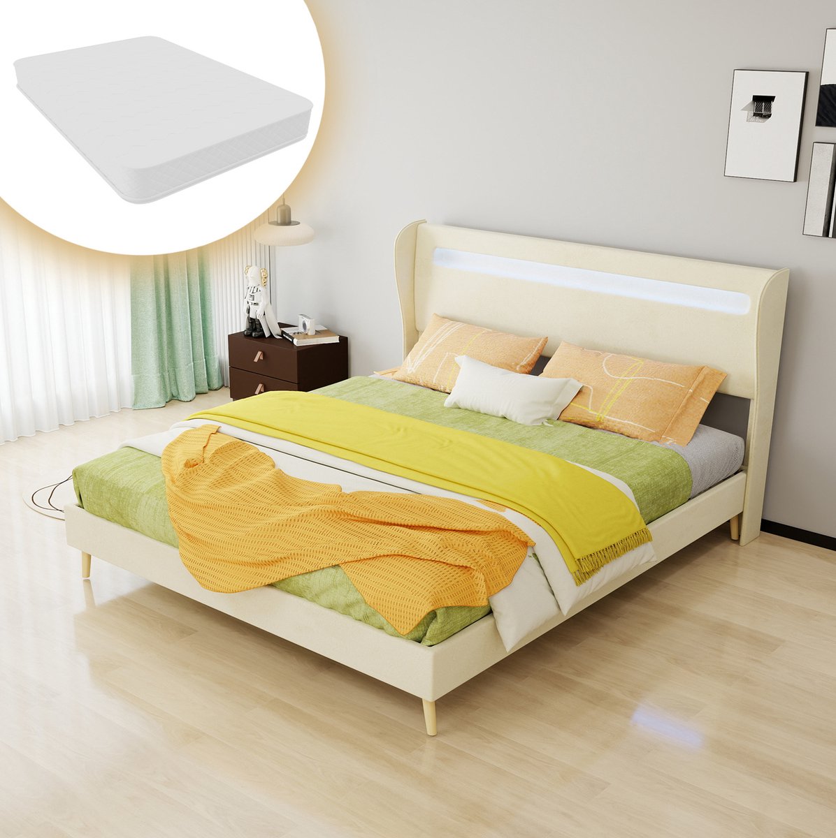COVREO Bed 160x200 cm beige stof en metaal, met LED en matras inbegrepen