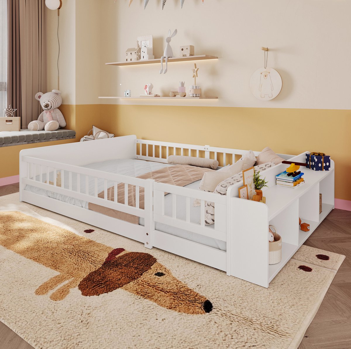 COVREO Kinderbed 223x145x45 cm – wit, grenenhout en MDF, open opbergruimte en hekdeur