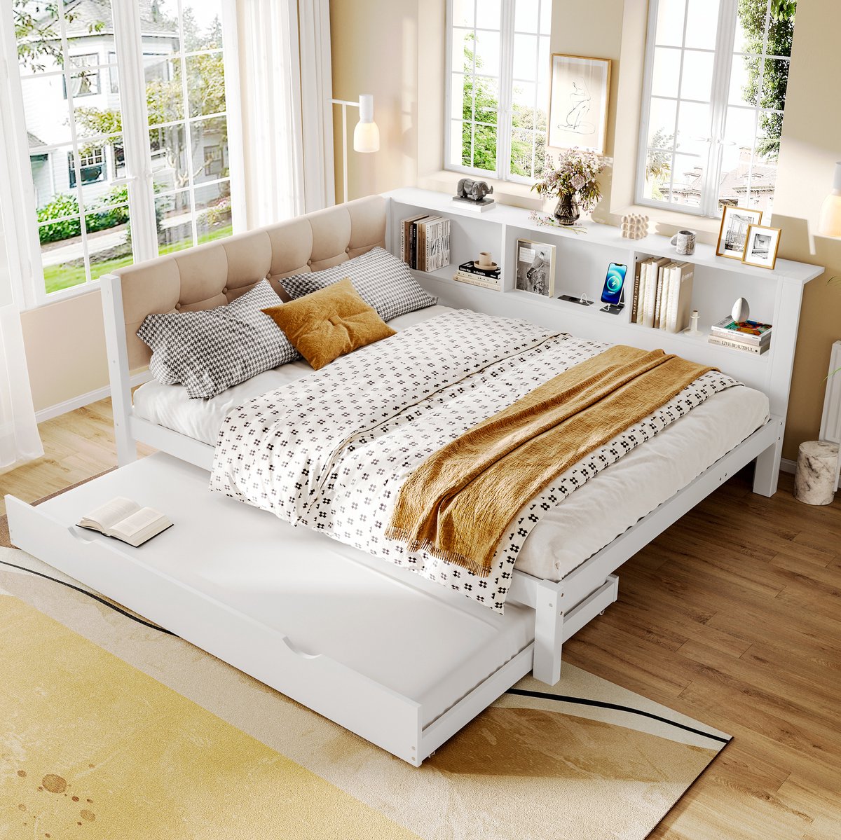 COVREO Bedbank 140x200 cm wit, uitziehbaar bed, met USB, zonder matras