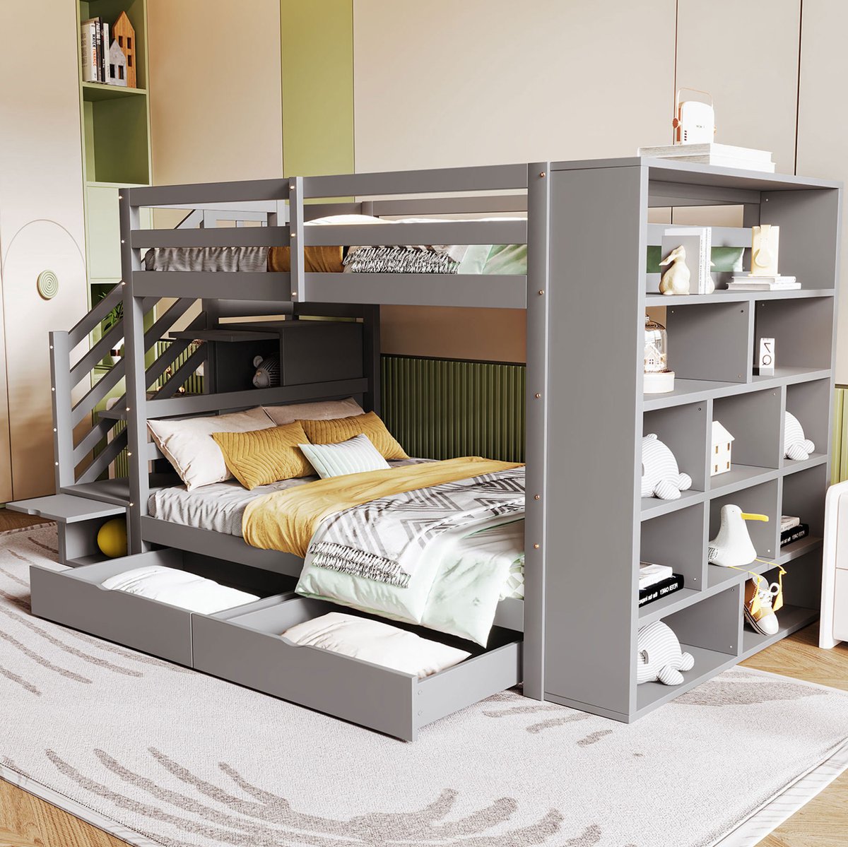 COVREO Stapelbed 90x200 cm grijs met veiligheidstrap en opbergruimte - Kieferhout