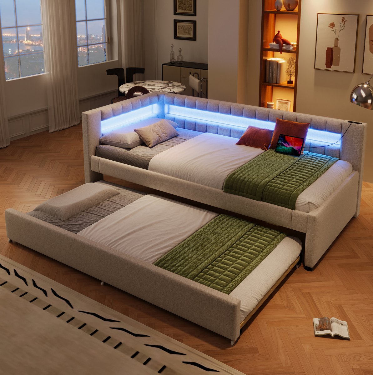 COVREO Bedbank met LED-lichtstrip – 90x200 cm – Slaapbank van stof en MDF – voor woonkamer, slaapkamer en werkkamer – Beige - zonder matras