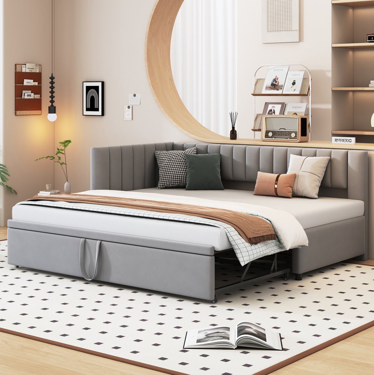 COVREO Slaapbank 90x200 cm grijs met uitschuifbed zonder matras