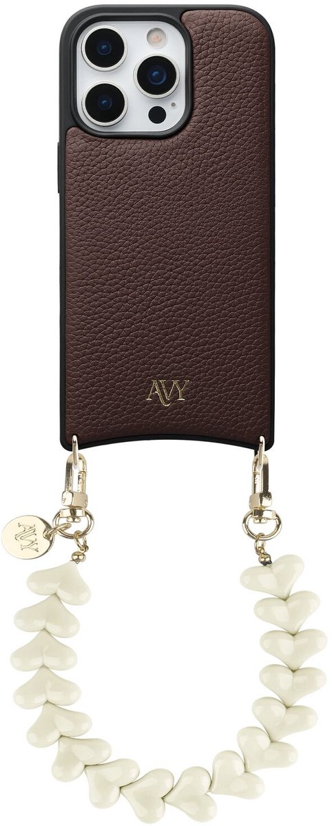 AVY Leren Hoesje geschikt voor Apple iPhone 16 Pro | Compatibel met MagSafe | Leather Back Cover met Telefoonkoord 30CM | Polsband | Bruin | Cupid Beige