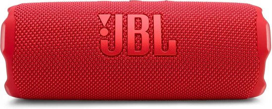 Rode JBL Bluetooth speaker met grof geweven stof en het JBL logo prominent aanwezig.