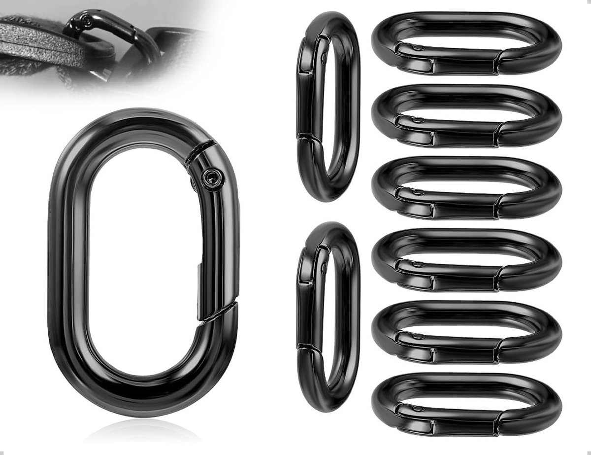 8 Stuks Carabiner Haakjes voor Sleutels, Rugzakken en Wallets - Zwarte Ovalen Klemmen met Veer en Splitringen